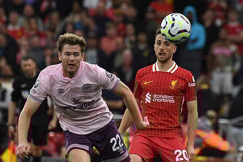 Premier League 2024-25: Brentford's Nathan Collins, left, challenges for the ball with Liverpool's Diogo Jota
